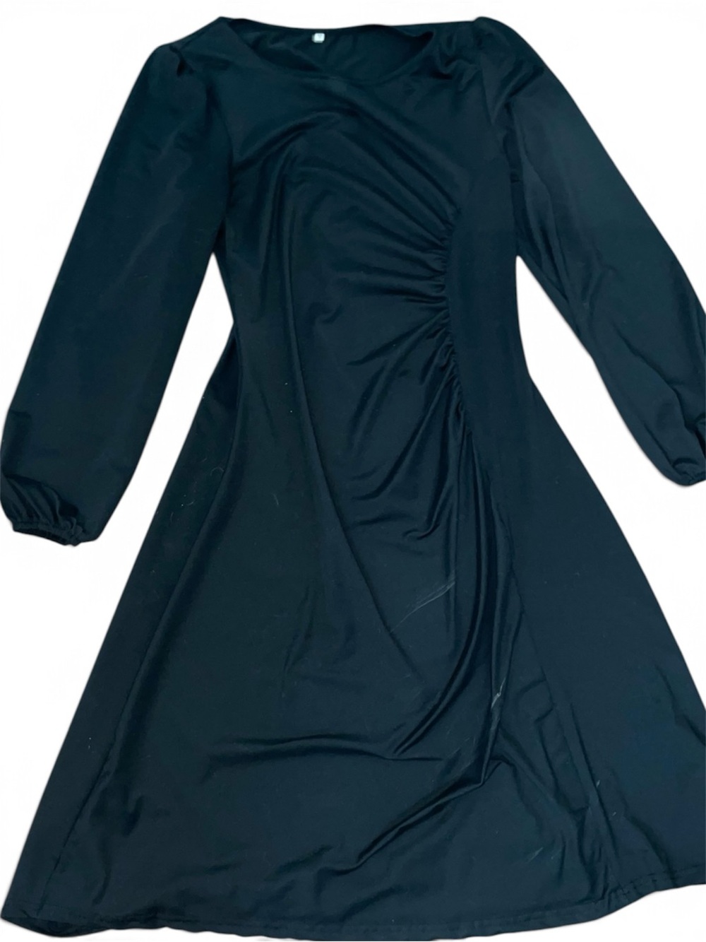 Black Ruched Fit & Flare Midi Dress Sz M Bishop Sleeve Cocktail Dress